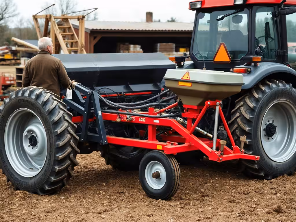 Réglage d’un combiné de semis attelé à un tracteur dans une cour de ferme.