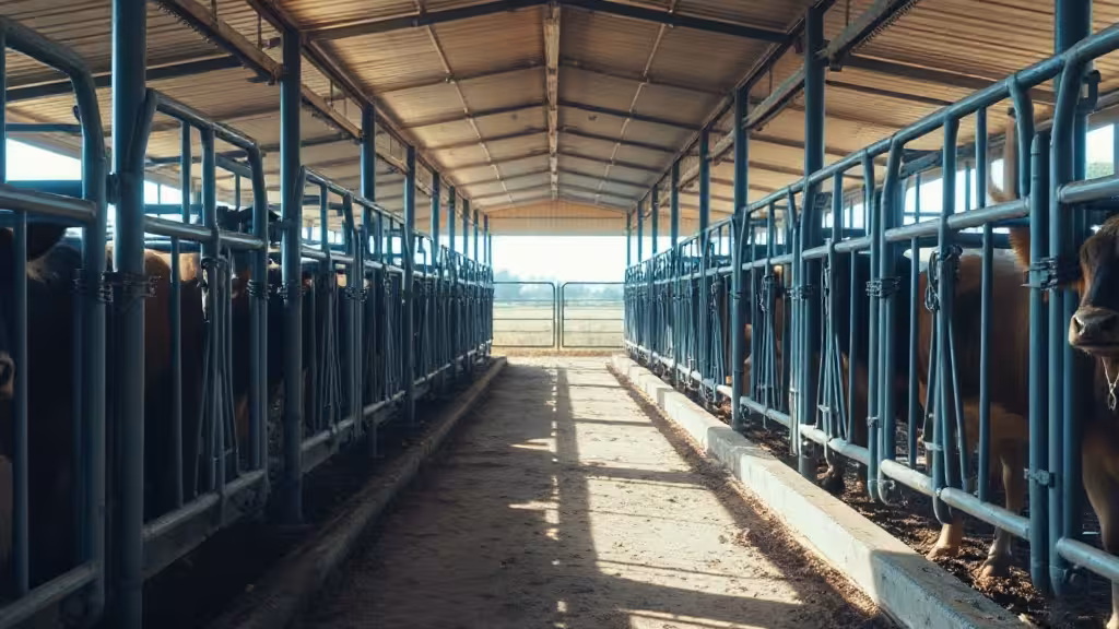 Installation de contention bovine avec couloir d'accès et barres de retenue en métal, photographiée en lumière naturelle dans une exploitation agricole.