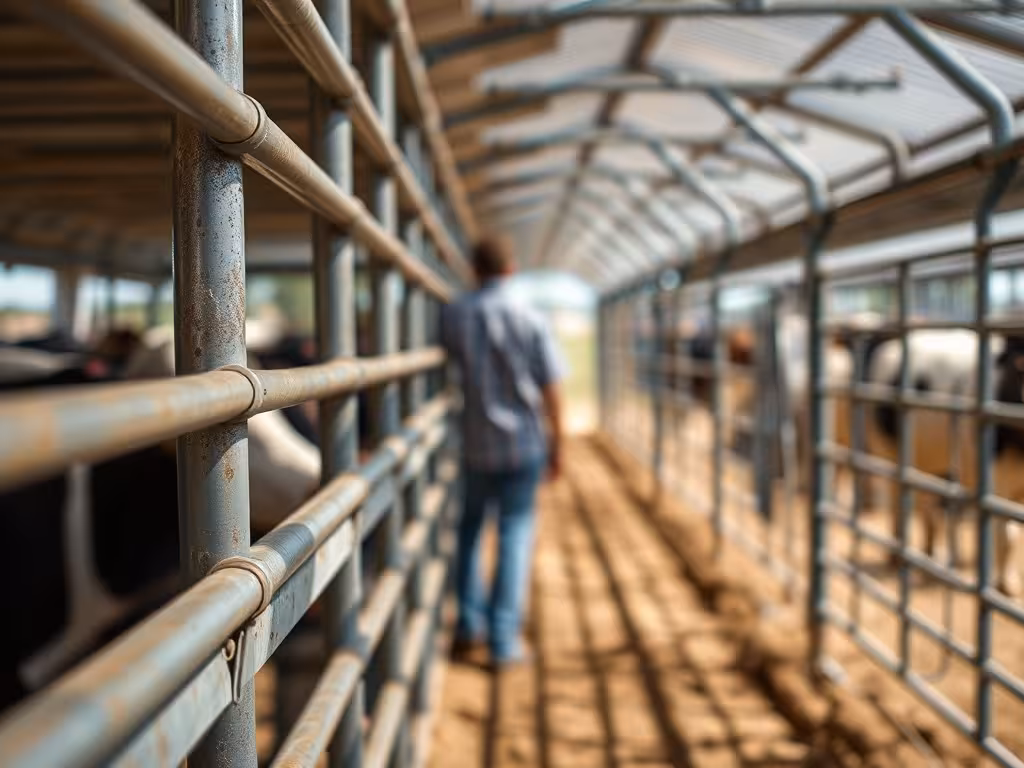 Détail d'une structure de contention bovine montrant les barres parallèles et la conception robuste du système de maintien.
