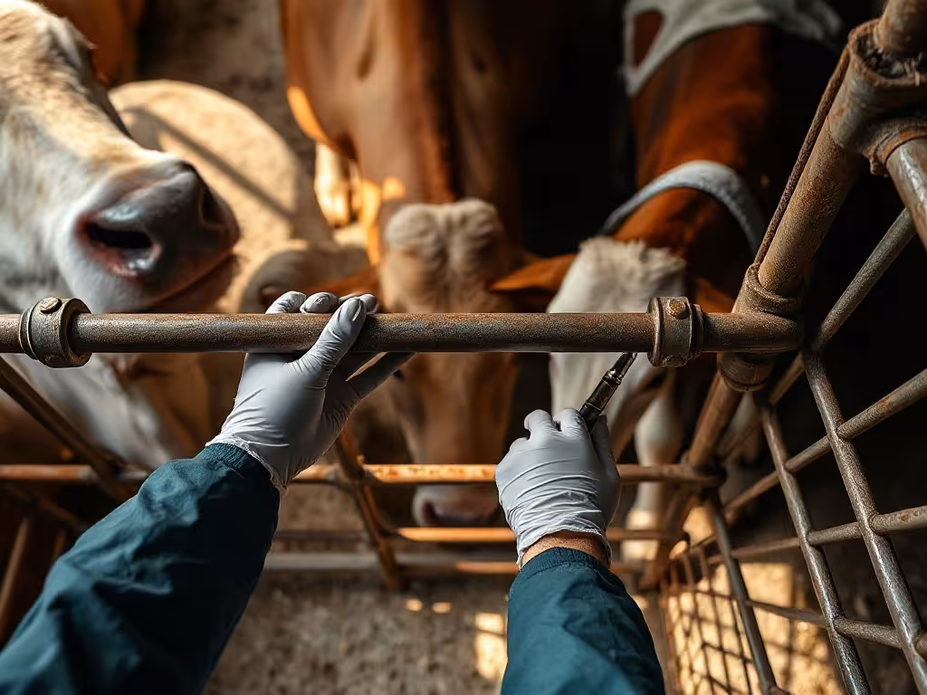 Intervention d'un professionnel en contention bovine montrant les étapes pratiques de sécurisation d'une animal en enceinte de retenue.
