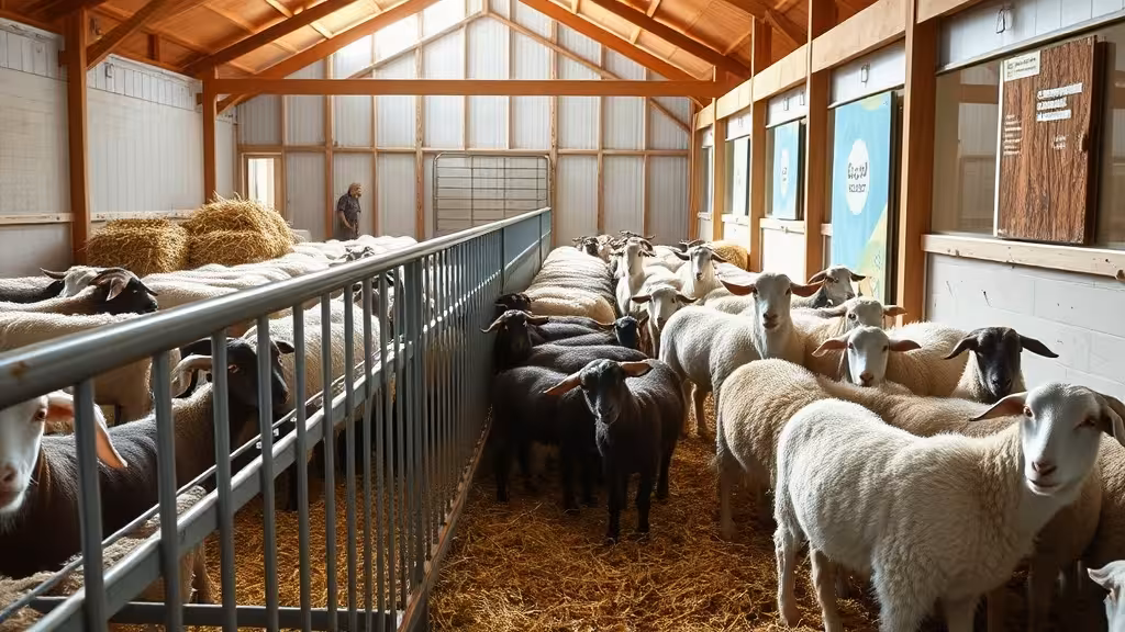 Cornadis chèvre ovin dans une bergerie lumineuse avec chèvres et moutons au nourrissage.