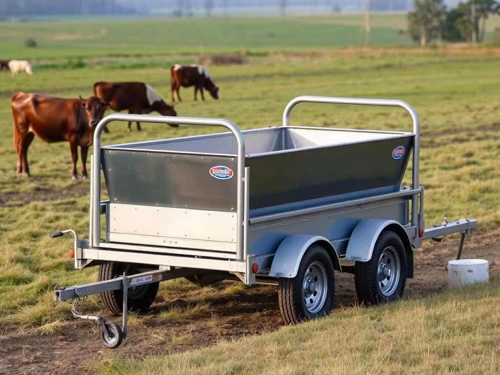 Cornadis suédois mobile monté sur remorque dans un pâturage, configuration flexible adaptée aux petits troupeaux.