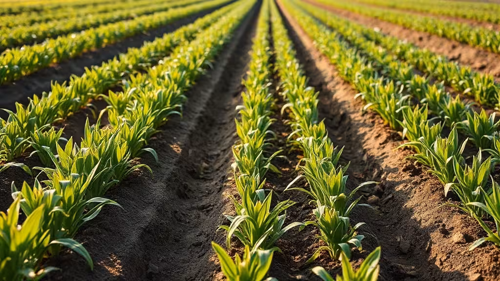 Jeunes plants de lentille au potager en début de saison, semis en lignes régulières sur sol préparé.