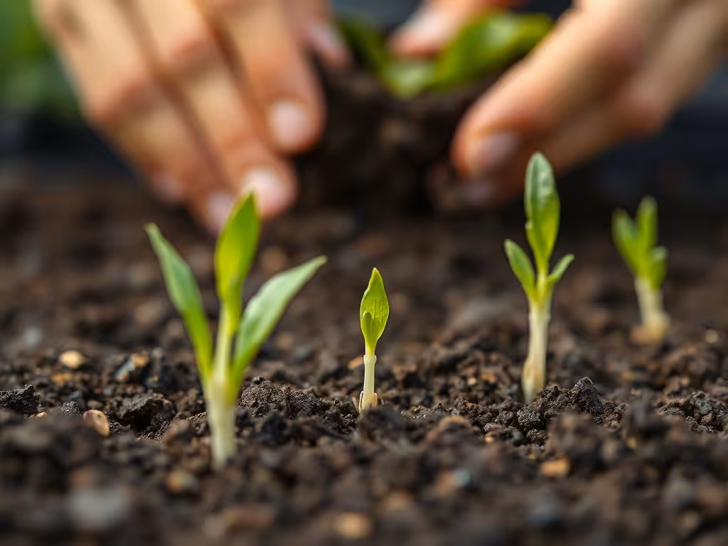 Levée de semis de lentille : jeunes plants sortant de terre avec leurs premières vraies feuilles.
