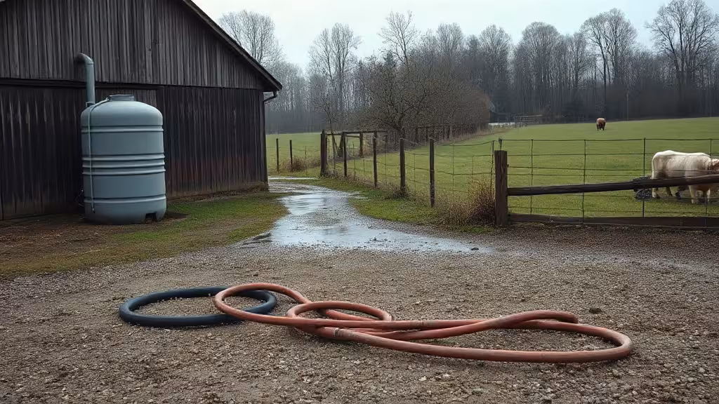 Cuve eau agricole sur une ferme d’élevage, avec stockage visible et ambiance de terrain.