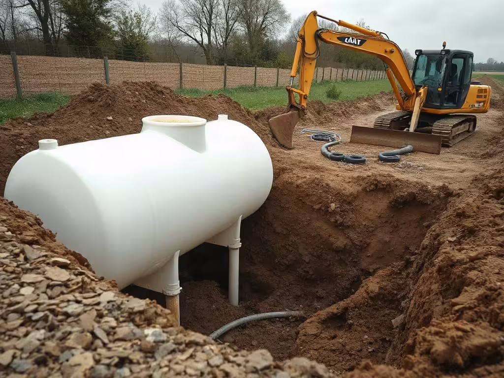 Cuve eau agricole enterrée en chantier, pour illustrer le coût installé et la pose.