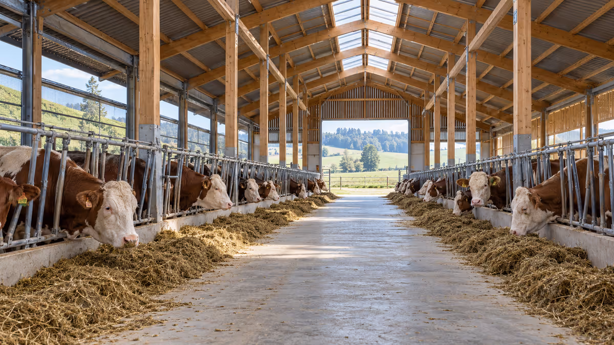 Une allée centrale dessert une stabulation bovine.