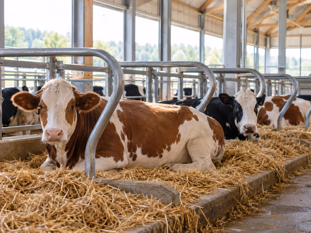 Des bovins se reposent dans une stabulation.