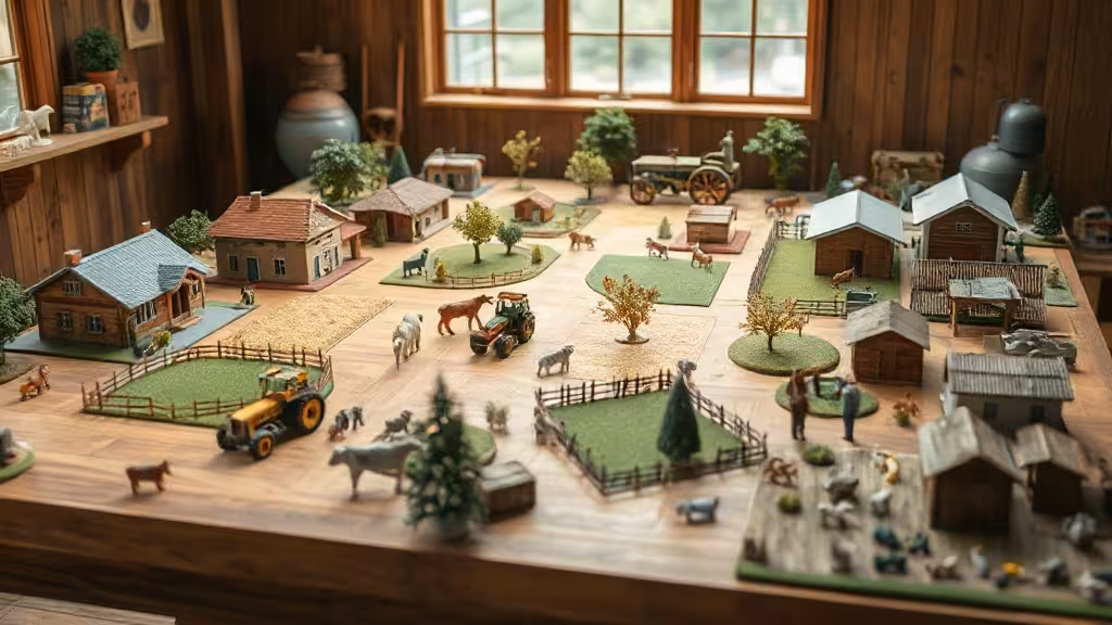 Vue d’ensemble d’un diorama ferme miniature avec bâtiments, champs, engins et animaux