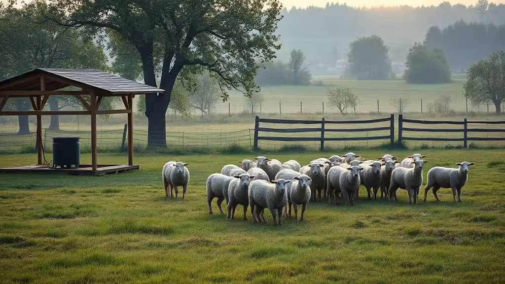 Troupeau de moutons en éco pâturage dans une prairie communale arborée.