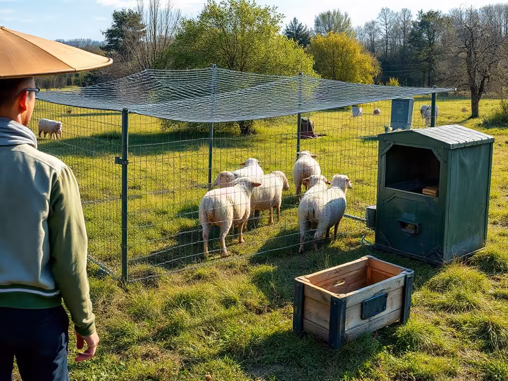 Installation d'éco pâturage avec clôture mobile, abreuvoir et abri pour moutons.