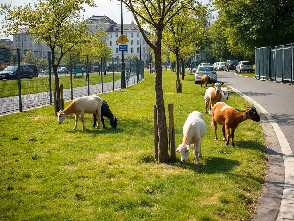 Éco pâturage par des chèvres dans un espace vert sécurisé près d'un chemin.