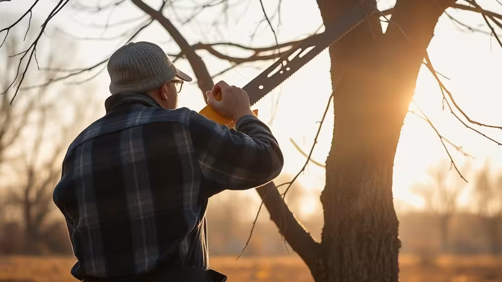 Agriculteur en train d'élaguer une branche d'arbre avec une scie à main en hiver