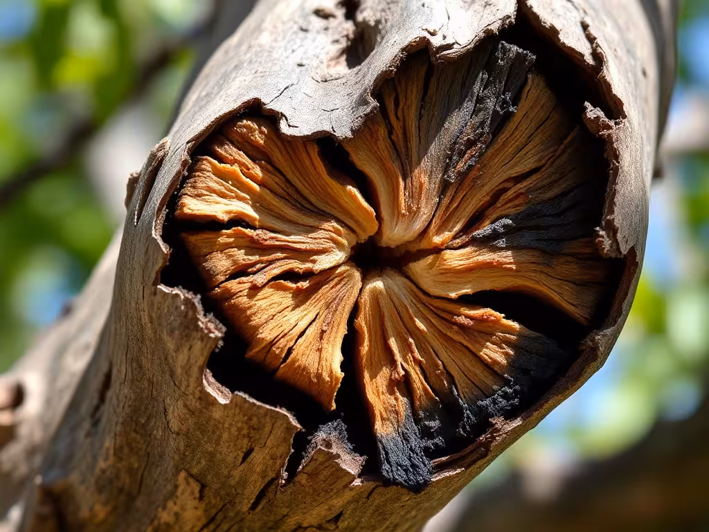 Gros plan sur branche d'arbre montrant la partie saine et morte à élague