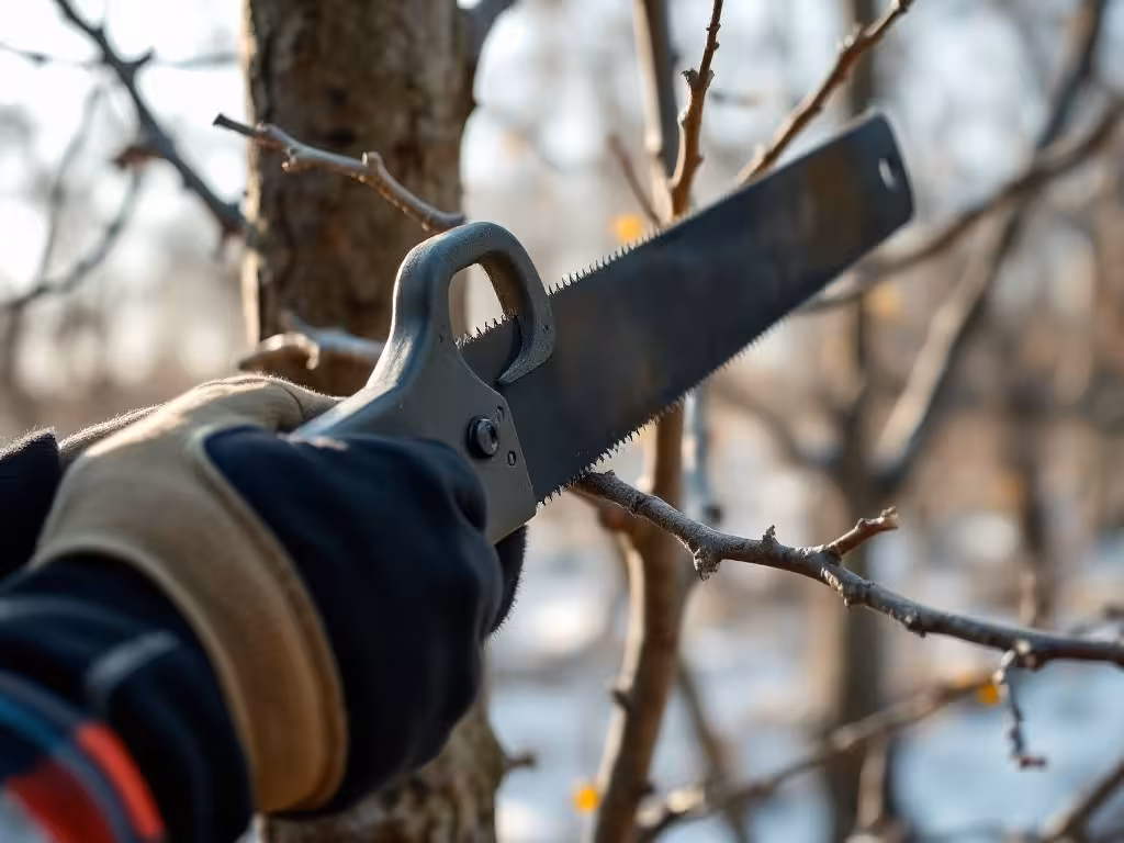 Scie à main affûtée en train de couper une branche avec la bonne technique