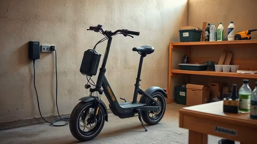 Entretien de batterie de trottinette électrique dans un atelier agricole propre et bien ventilé