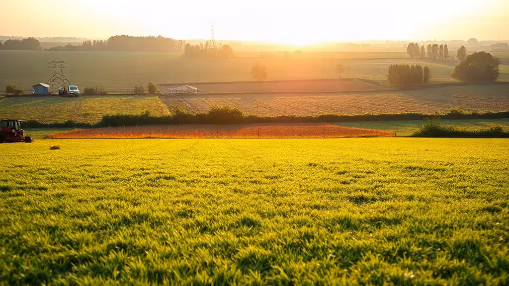 Pelouse bien entretenue d'une petite ferme, avec motifs de tonte réguliers et horizon agricole verdoyant.