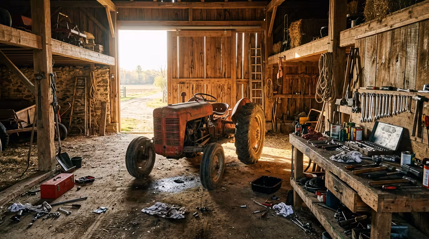 Tracteur en atelier de ferme avec outillage d'entretien prêt pour la maintenance avant saison