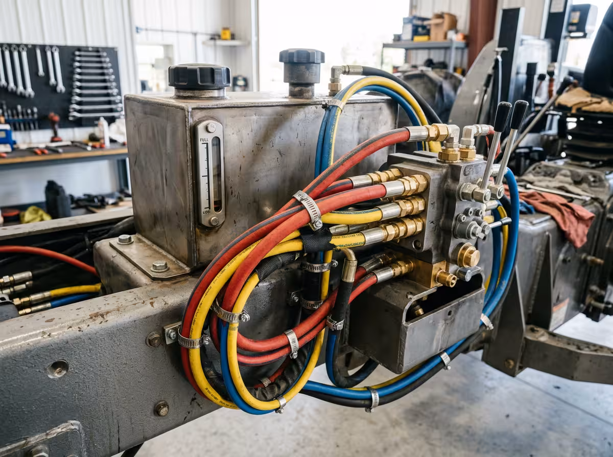Circuit hydraulique du tracteur avec tuyaux colorés et connecteurs métalliques en gros plan
