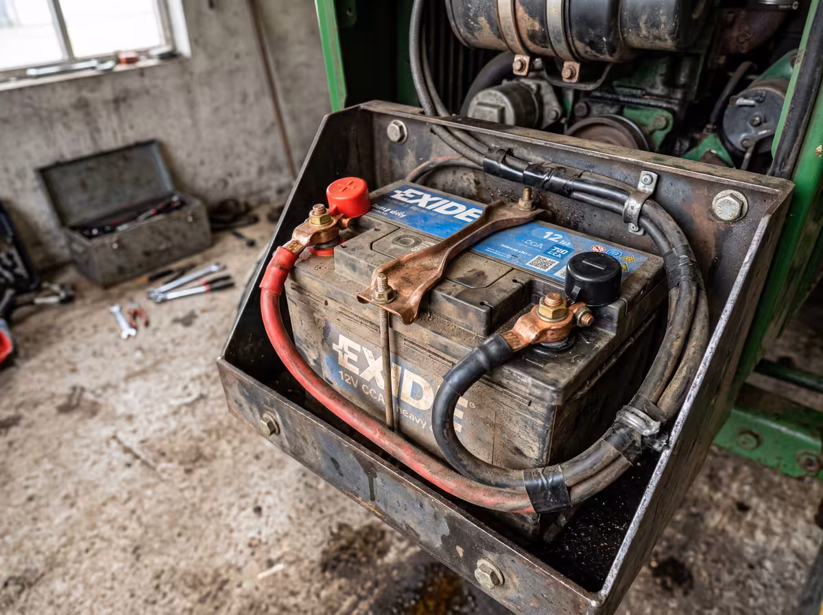 Batterie tracteur et câbles électriques inspectés dans l'atelier avant la saison