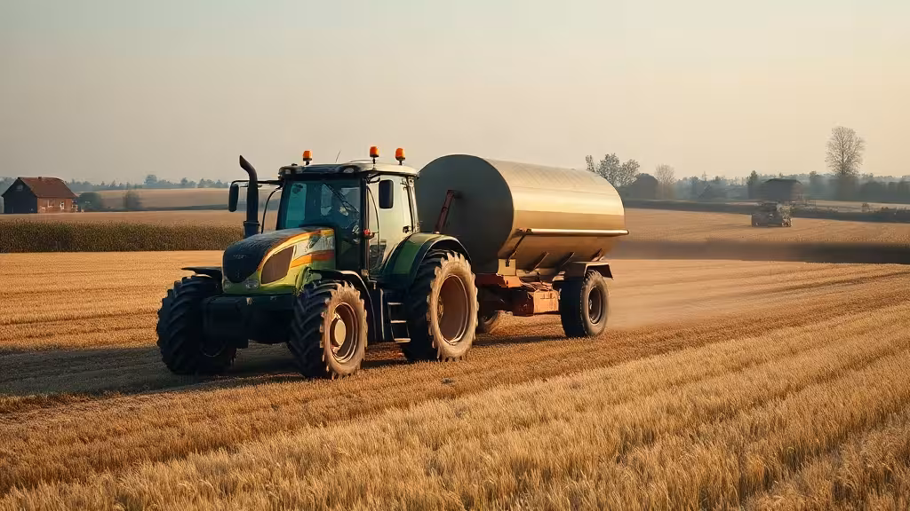 Épandeur engrais agricole centrifuge au travail dans une parcelle de céréales au printemps.