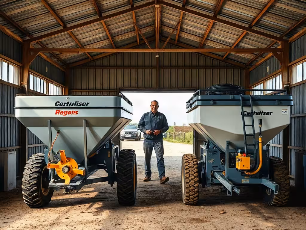 Comparaison entre épandeur engrais agricole centrifuge et modèle pneumatique dans un hangar.