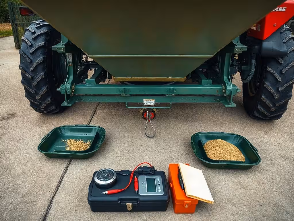 Étalonnage d’un épandeur agricole avec bacs de récupération pour contrôler la répartition.