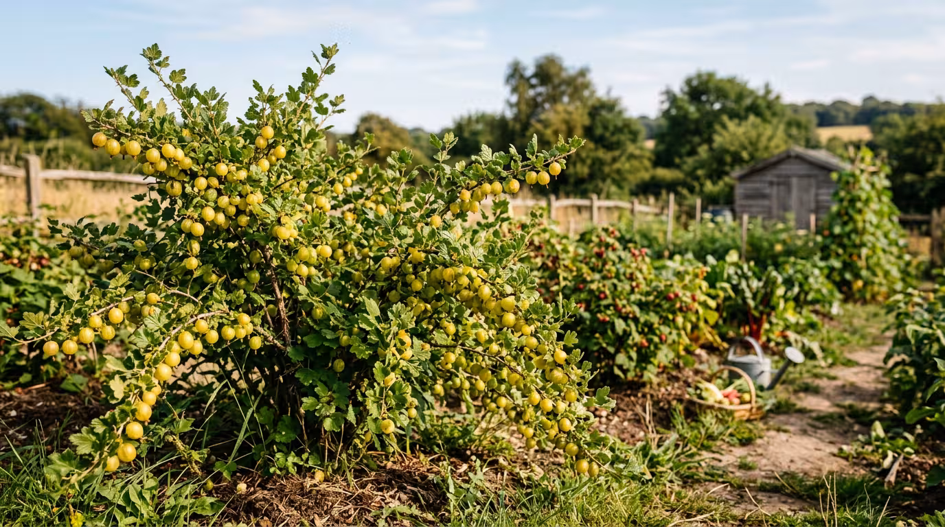 Groseillier épineux chargé de baies dorées dans un jardin de production ensoleillé