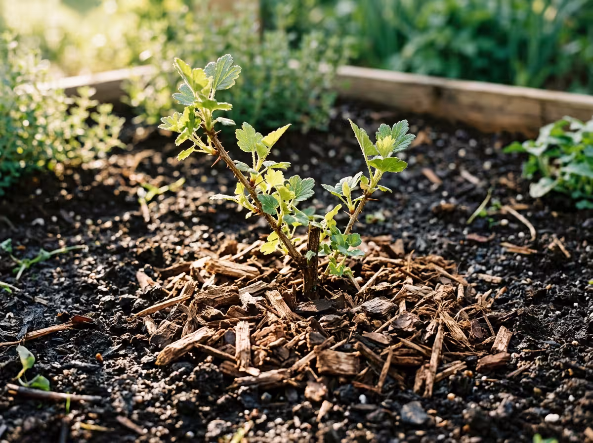 Jeune groseillier fraîchement planté dans une terre bien préparée avec paillage