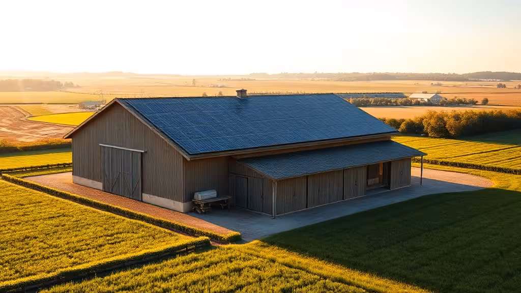 Hangar agricole équipé de panneaux solaires photovoltaïques dans un contexte d'exploitation