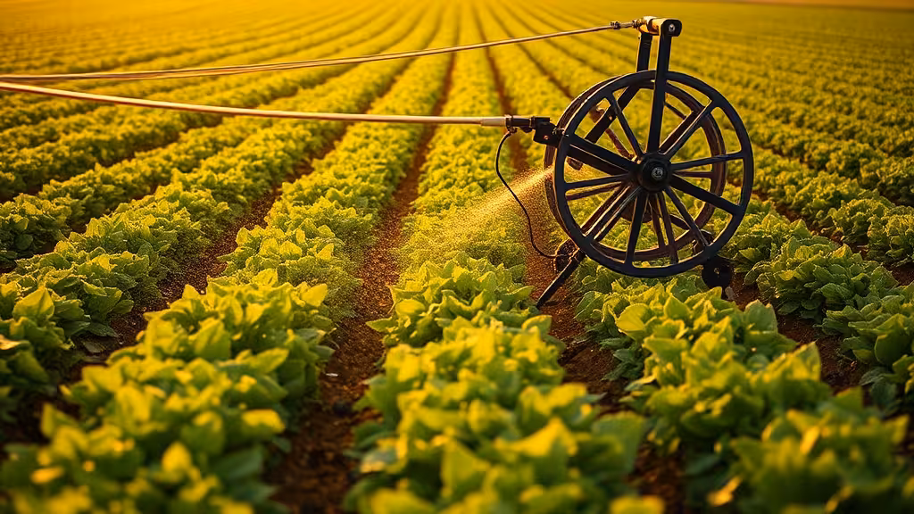 Enrouleur d'irrigation en action sur culture : système d'arrosage mobile dans un champ agricole