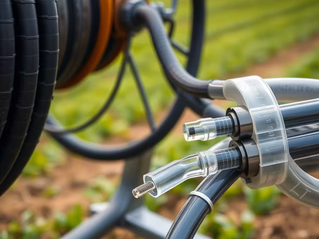 Détail de bobine d'enrouleur d'irrigation montrant la structure du tuyau agricole déroulé