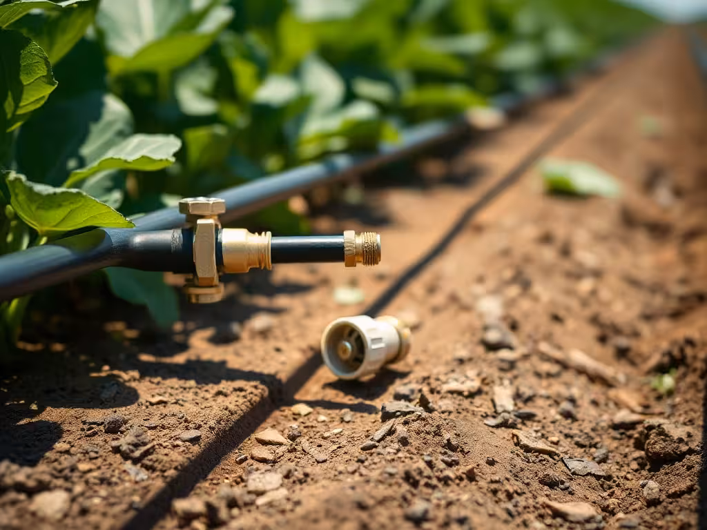Système de goutte-à-goutte agricole en détail : tuyau avec goutteurs et raccords sur culture irriguée