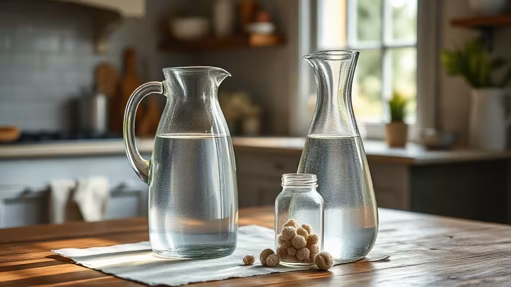 Avis Les Verts Moutons : perles minérales près d’une carafe d’eau potable.