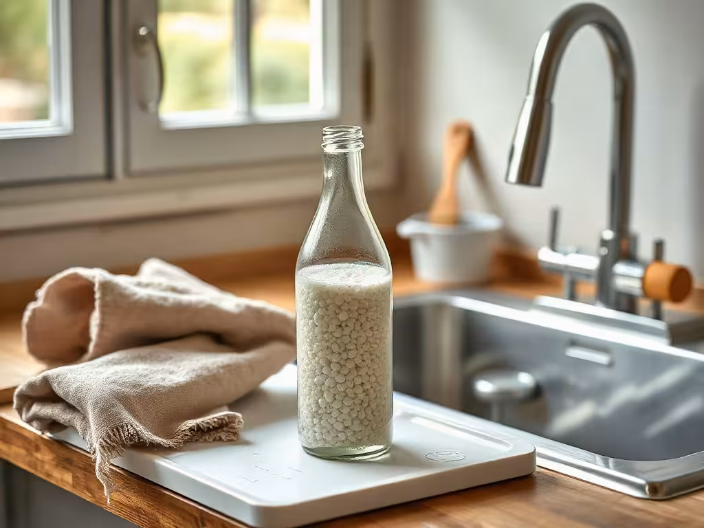Entretien quotidien des perles Les Verts Moutons dans une bouteille en verre.