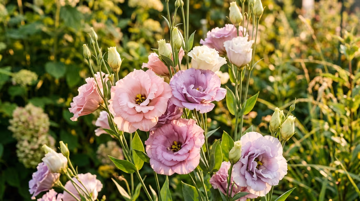 Fleurs de lisianthus blanc et rose en pleine floraison dans une lumière naturelle dorée