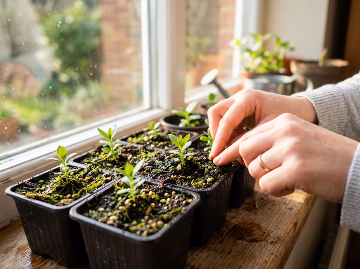 Jeunes plants de lisianthus en pots, illuminés par la lumière naturelle d'une fenêtre