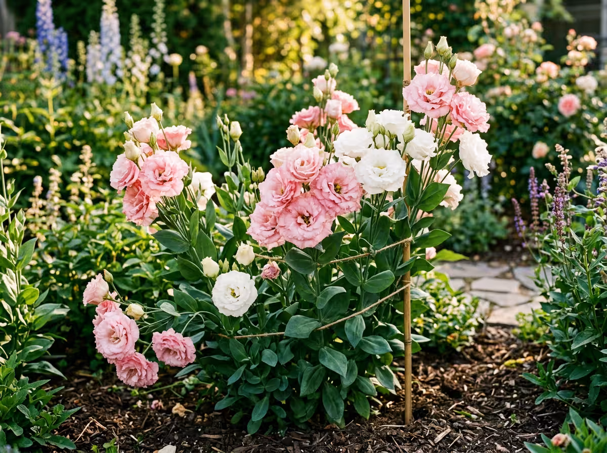 Plant lisianthus mature en floraison complète, feuillage vigoureux et fleurs épanouies