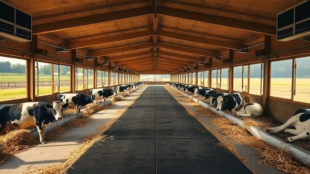 Logette avec tapis de couchage pour vaches dans une stabulation laitière lumineuse