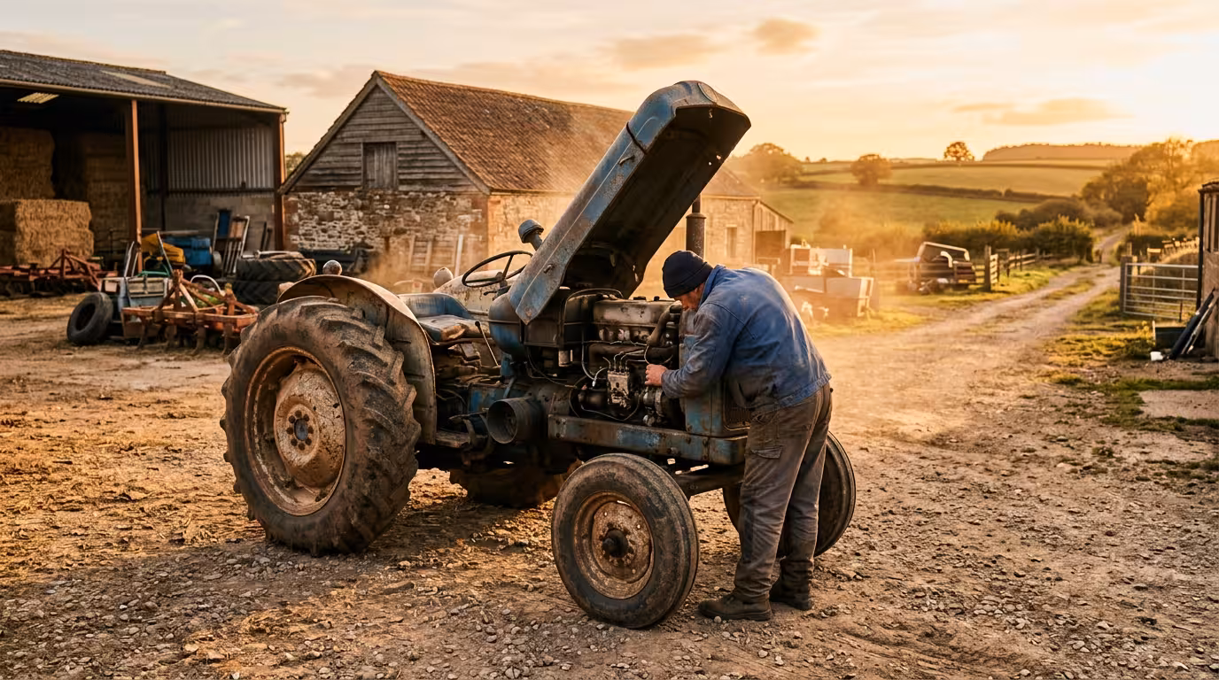 Agriculteur inspectant un tracteur d'occasion dans une cour de ferme au lever du jour.