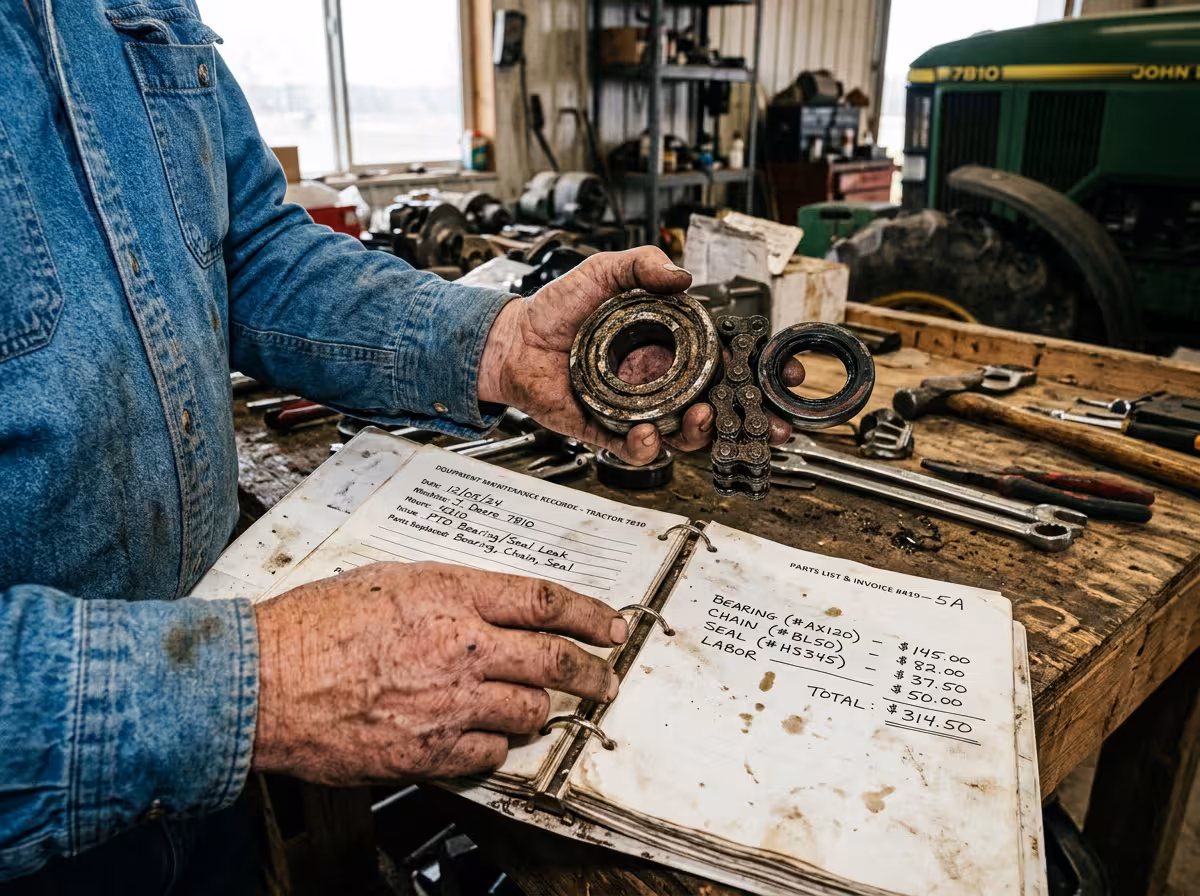 Pièces d'usure d'une machine agricole et documentation de maintenance illustrant le coût total de possession.