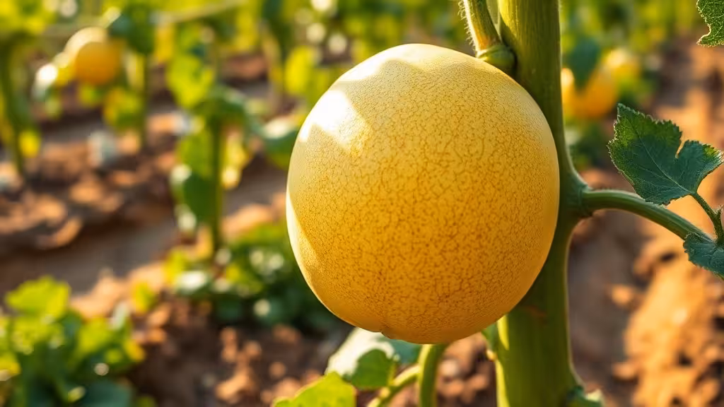 Melon galia mûr sur sa plante dans un potager sous lumière chaude