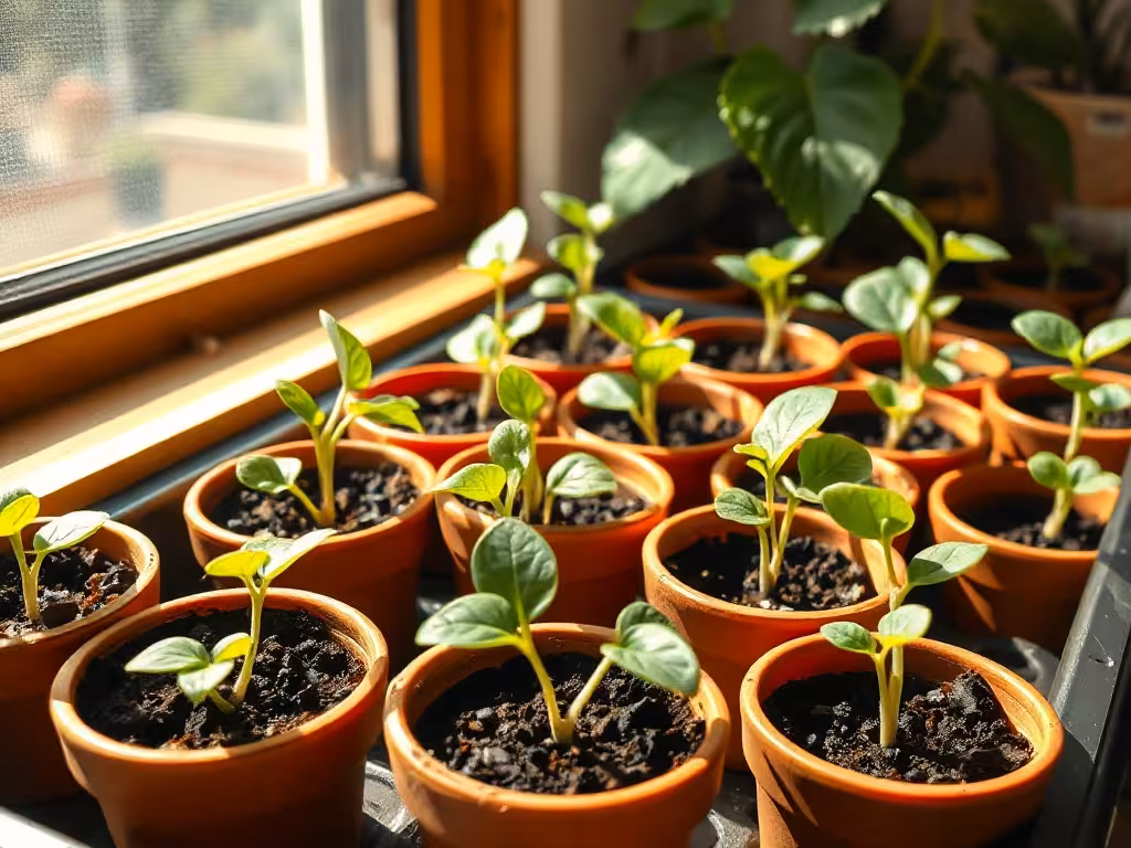 Jeunes plants de galia en godets à la lumière naturelle
