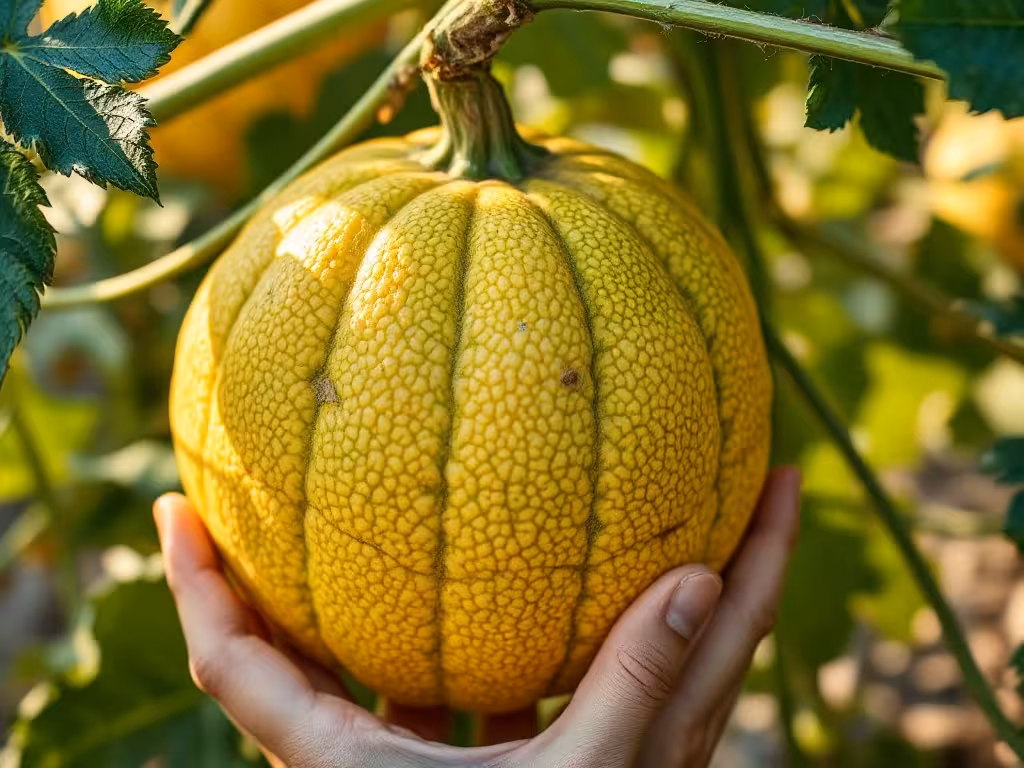 Récolte d'un melon galia montrant la peau réticulée typique