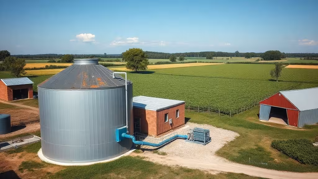 Installation de méthanisation à la ferme avec digesteur métallique et équipements en milieu agricole
