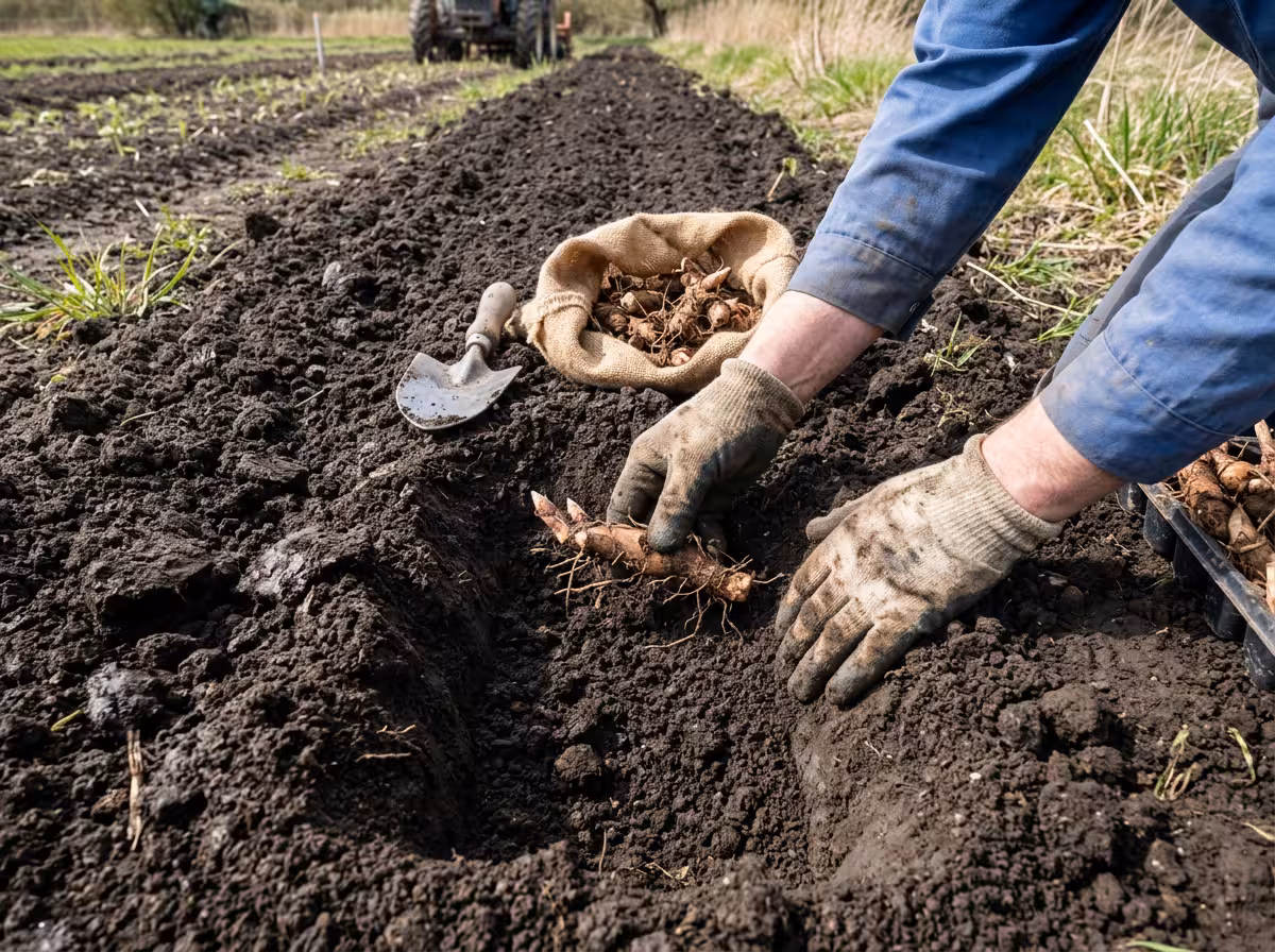 Plantation de rhizomes de miscanthus dans un sol préparé, technique pratique