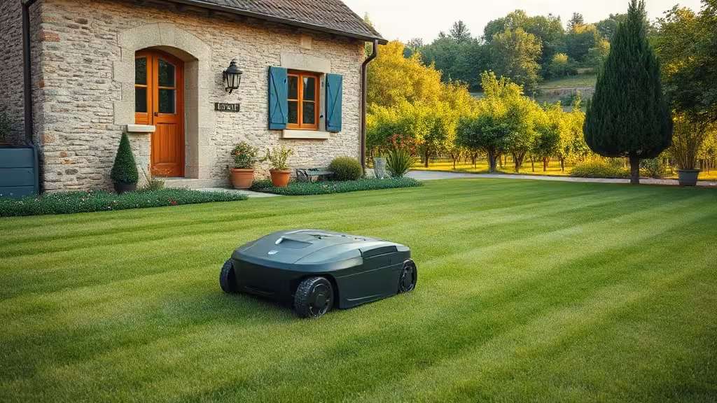 Navimow avis sur un robot tondeuse sans fil dans un jardin rural.