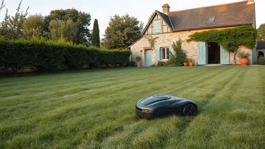 Comparatif Navimow i105e ou i108e sur une pelouse de maison à la campagne.