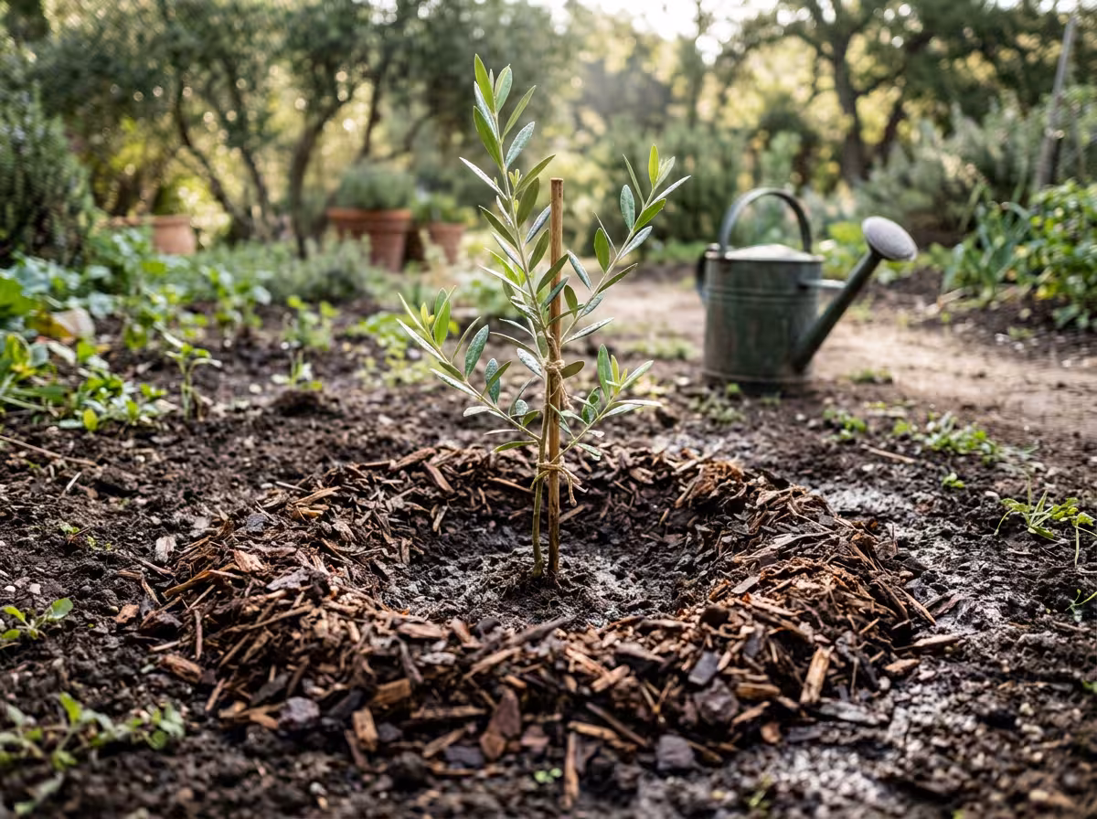 Jeune olivier récemment planté avec mulch et sol préparé