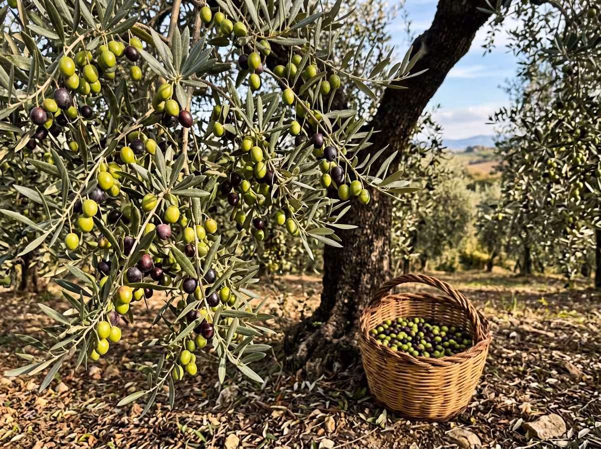 Olivier en saison de récolte avec olives mûres et panier de vendanges